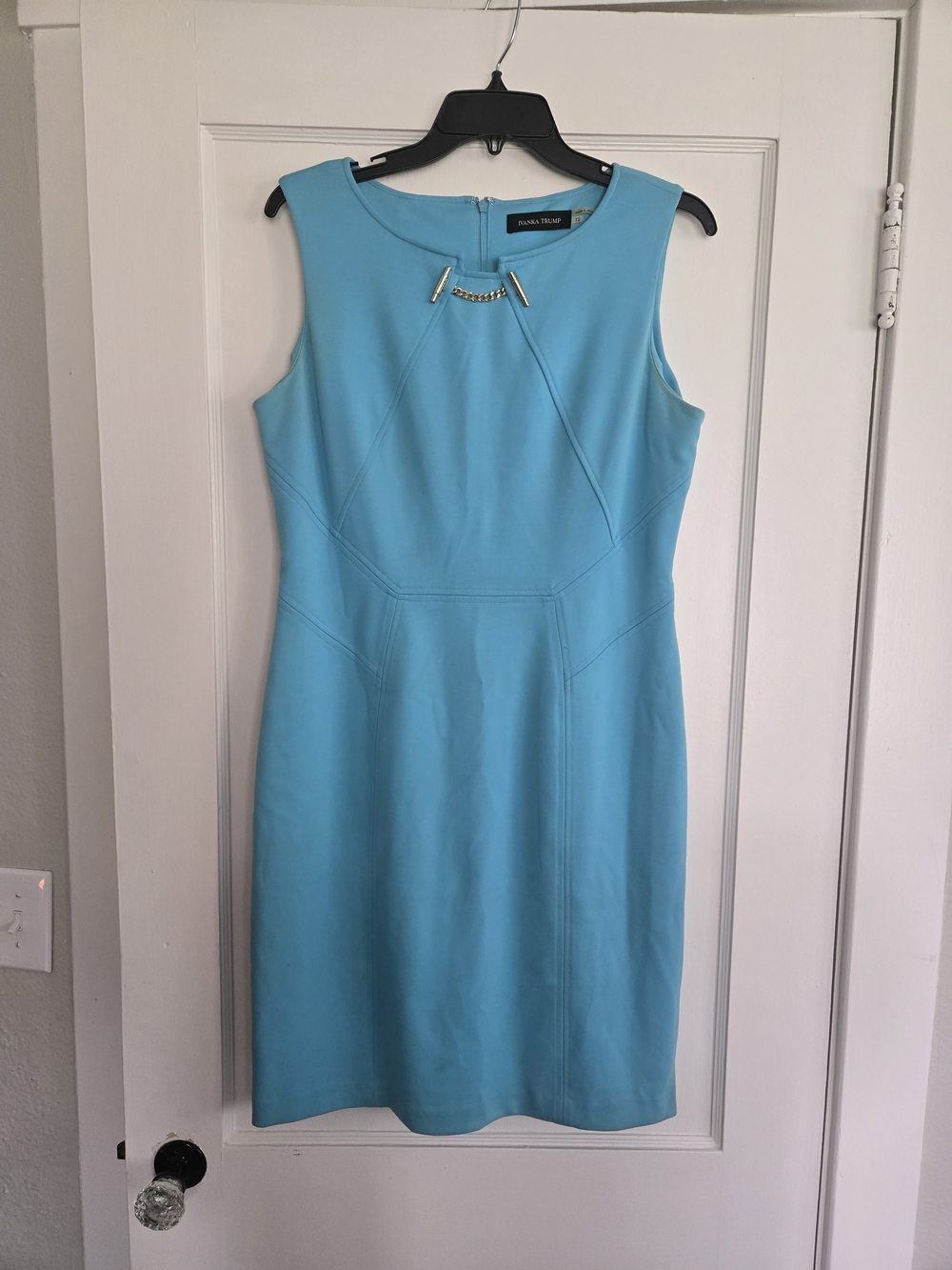 Ivanka Trump Sleeveless Sheath Dress in Aqua Blue with Gold Accent